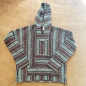 Frank’s Textiles Men's XL Blue Striped Poncho Veracruz Baja Hoodie Skater Surfer